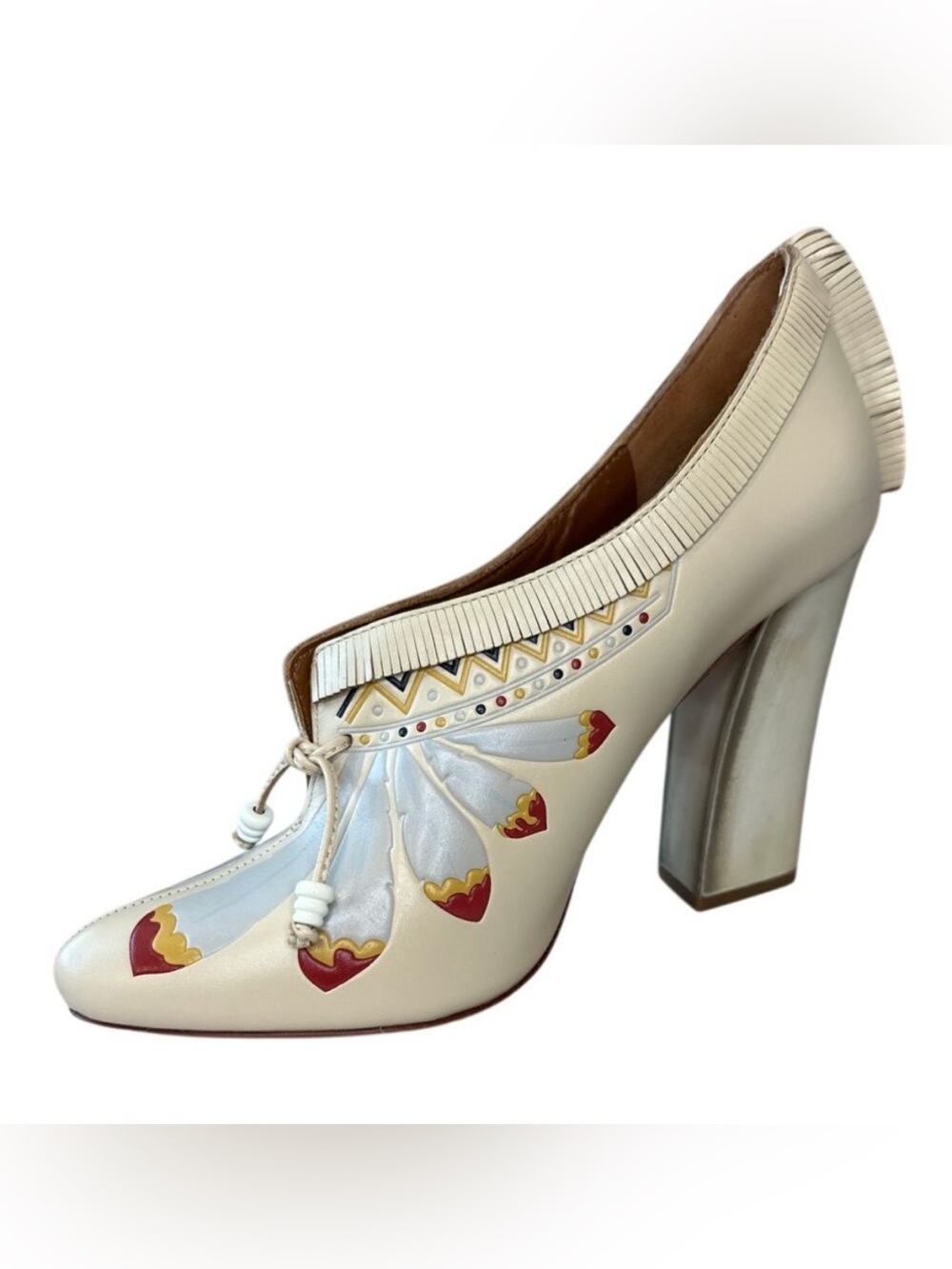 Tory Burch Yuma Fringe Feather Heel 7.5 Folk Art Block‎ Pump